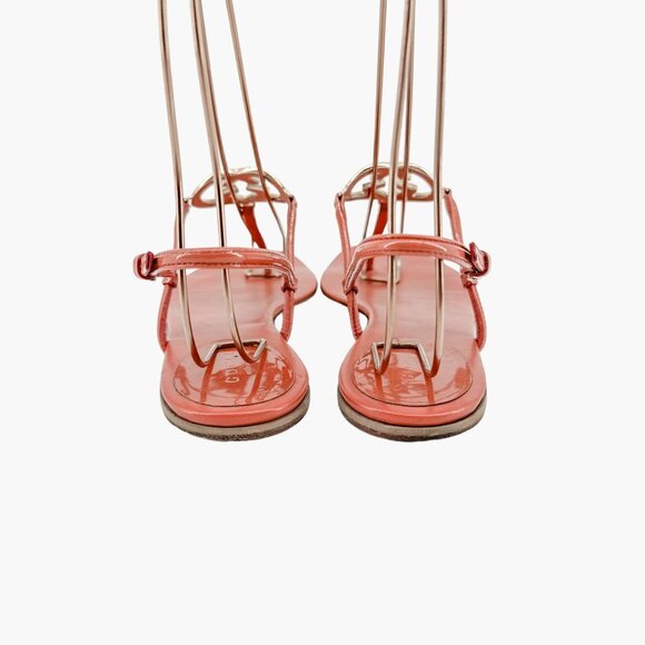 Gucci Interlocking GG Heart T-Strap Flat Sandals EU 37 US 7 Coral Pink Leather
